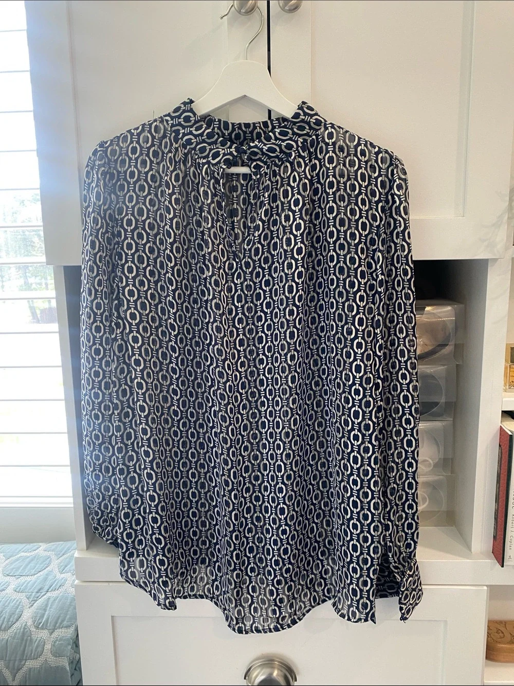 H&M Navy and White Chainlink Print Long Sleeve Blouse - Picture 2 of 5
